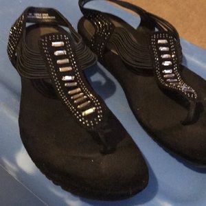 Black rhinestone and rope sandals
